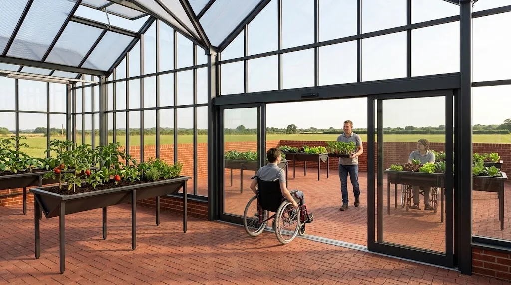 Concept visualisation looking from inside a greenhouse through wide sliding doors to outdoor growing beds, with wheelchair users moving between the spaces