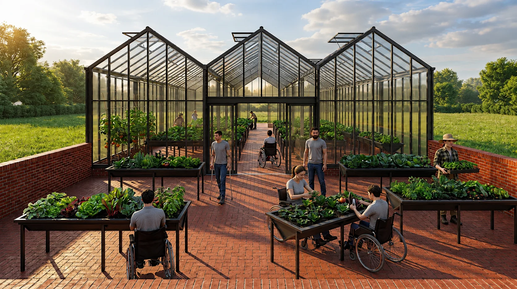 Concept visualisation of a greenhouse with raised growing beds, wide routes and people working together, including wheelchair users