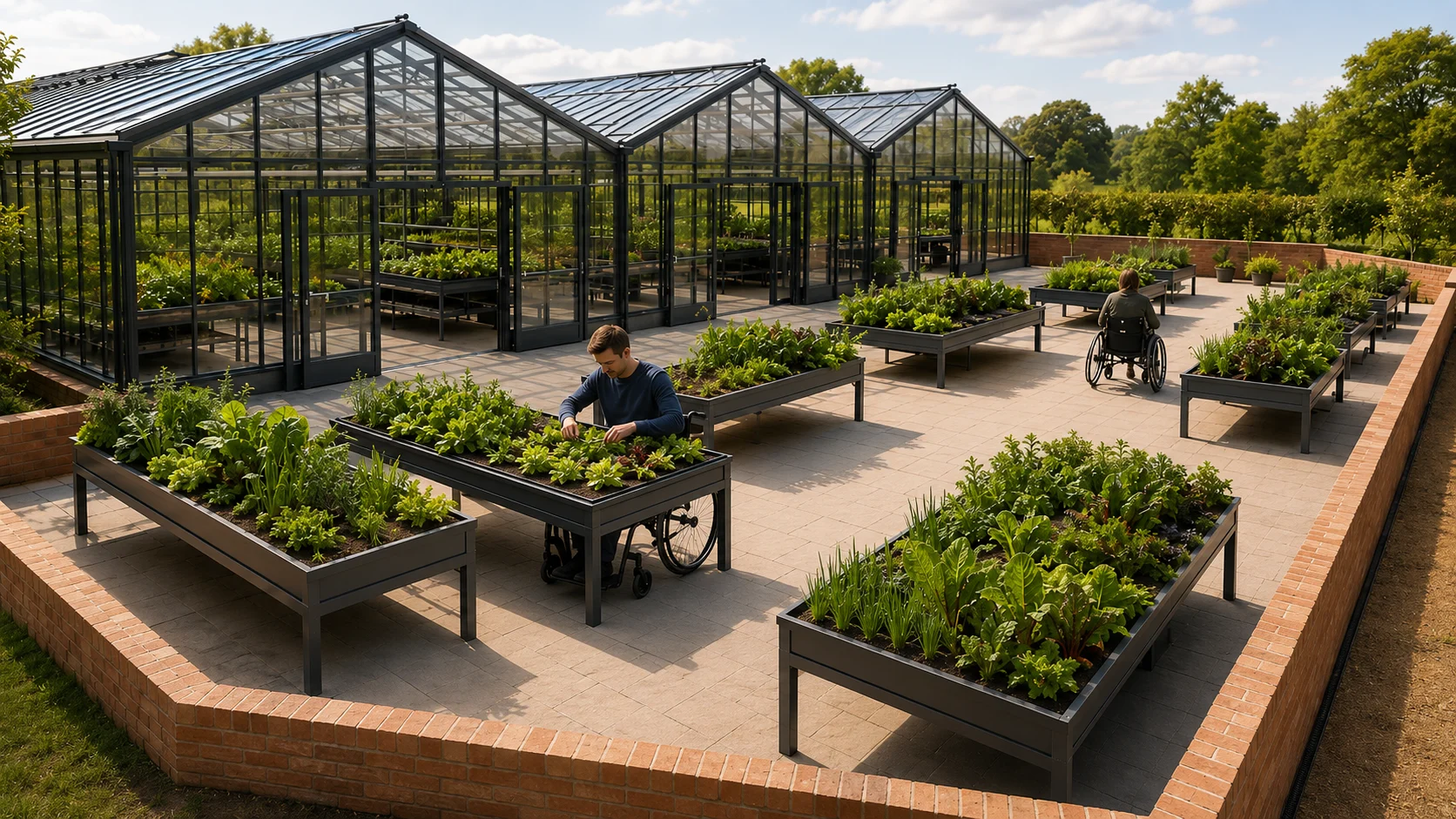 Concept of a glasshouse with raised growing beds, wide routes and people gardening, including wheelchair users