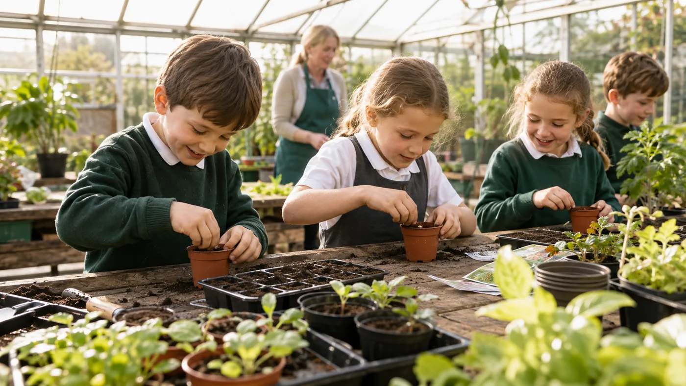 Illustrative image of schoolchildren potting seedlings at a greenhouse worktable