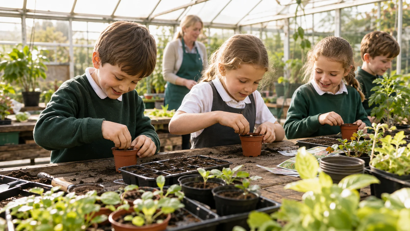 Illustrative scene of schoolchildren potting seedlings at a greenhouse workbench