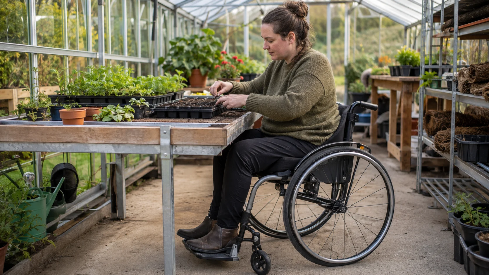 Illustrative close view of a wheelchair user tending plants at a raised greenhouse bed