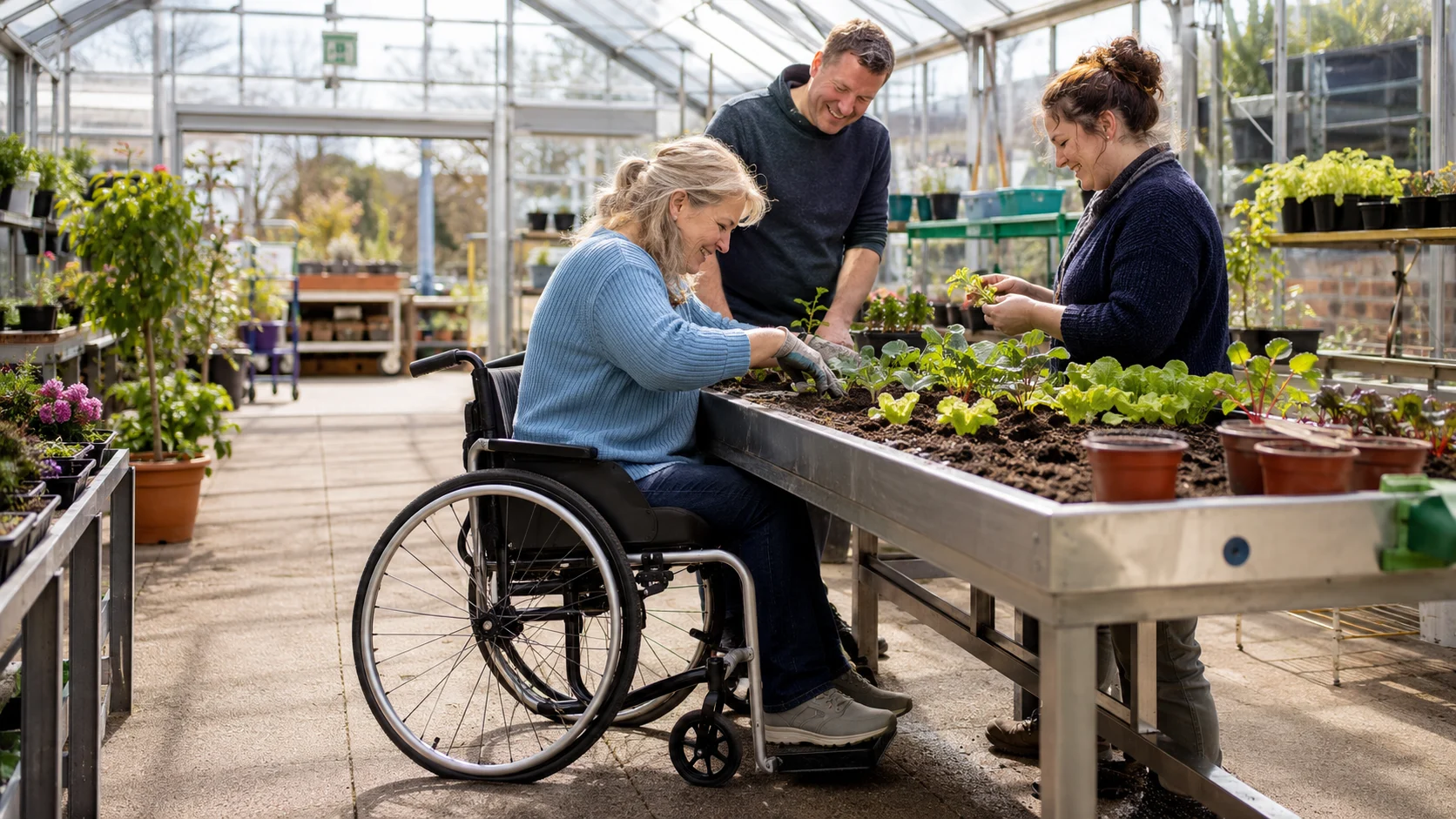 Illustrative scene of people, including a wheelchair user, planting together around a raised bed