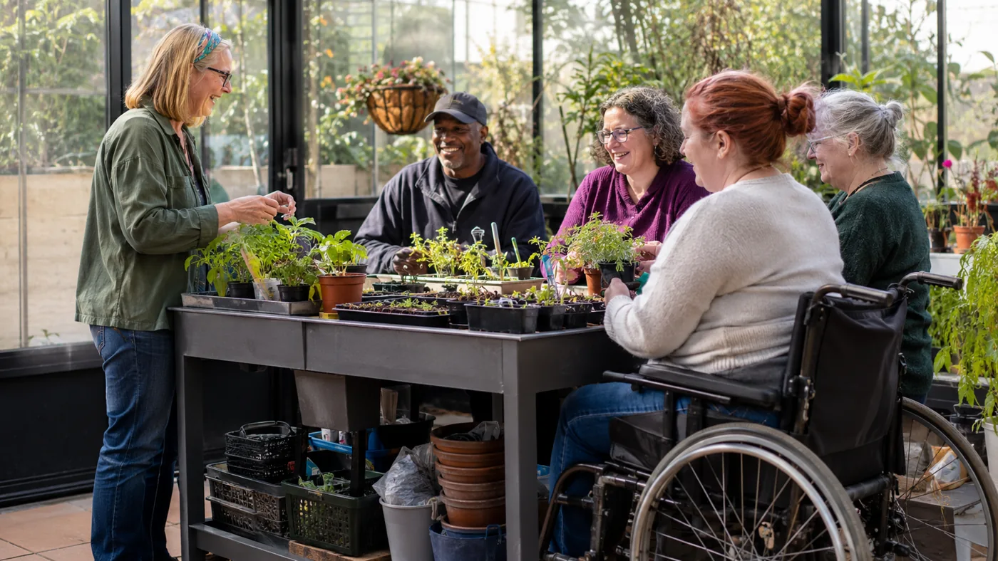 Illustrative image of people sharing a planting workshop around an accessible table